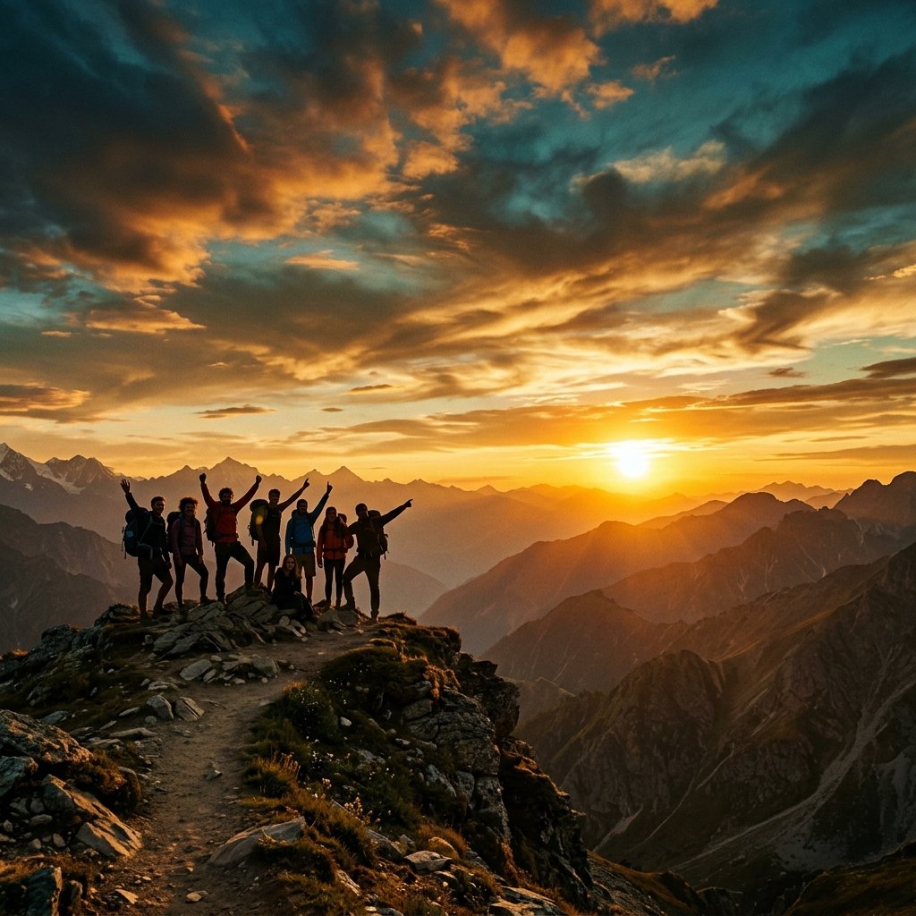 Backpackers silhouetted against a golden sunset on a mountain hilltop — the xcapeer spirit